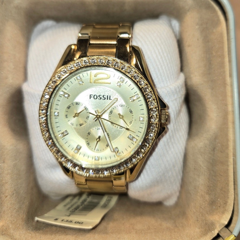 Fossil Riley Gold Tone Stainless Steel Crystal Multifunction Watch ES3203 NEW